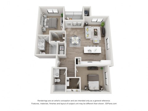 Floor plan for 2 beds, 2 baths, 1141 sqft